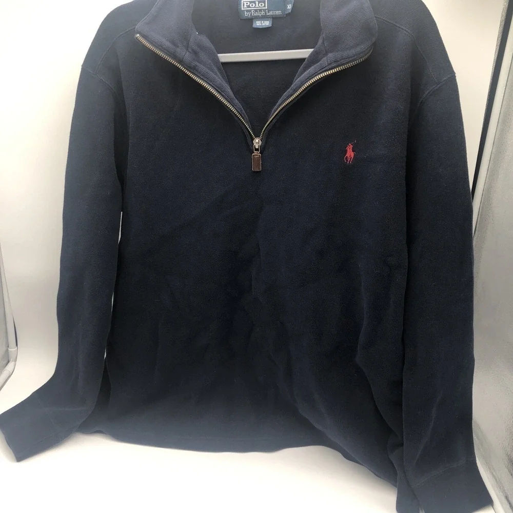 Polo By Ralph Lauren Quarter Zipper Sweater Thick Warm Cotton Navy Blue Red Logo